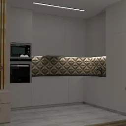 Wizualizacja nowoczesnej kuchni w odcieniach szarości, z dekoracyjnym panelem ściennym nad blatem, drewnianą ścianką działową i kwiatami w wazonie na komodzie, uzupełniona o stół z krzesłami.