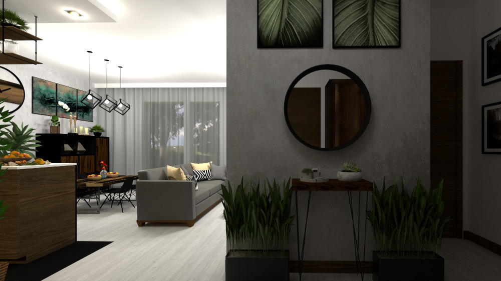 Wizualizacja salonu z szarą sofą, drewnianym stołem jadalnym i czarnymi krzesłami. Na ścianie okrągłe lustro, grafiki z motywem liści i minimalistyczny stolik z roślinami doniczkowymi.
