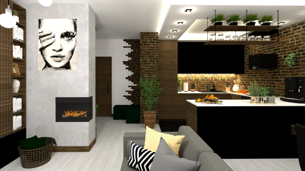 Wizualizacja nowoczesnego salonu z aneksem kuchennym, ściana z kominkiem i portretem kobiety zasłaniającej oko, ceglana ściana w kuchni z półką na zioła i rośliny.