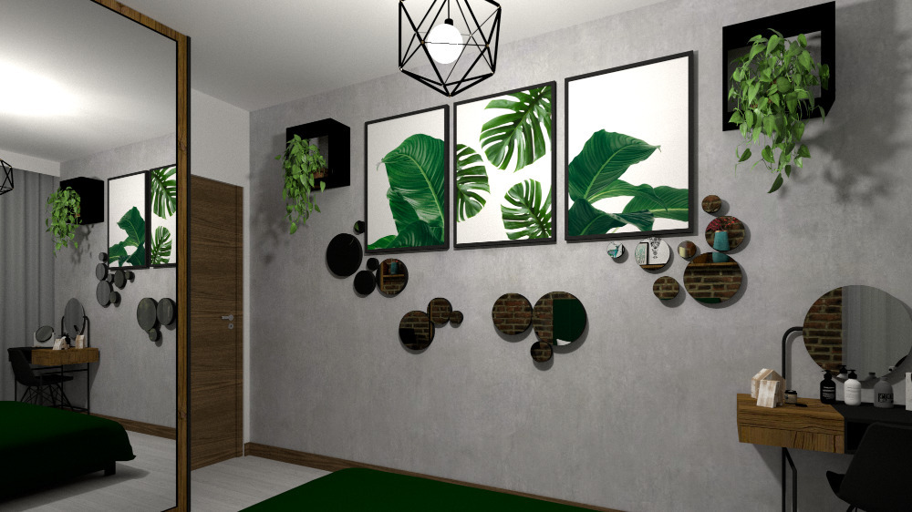 Wizualizacja sypialni z zielonymi akcentami: botaniczne grafiki w czarnych ramkach, okrągłe lustra dekoracyjne, toaletka z kosmetykami i wiszące rośliny w minimalistycznych donicach.