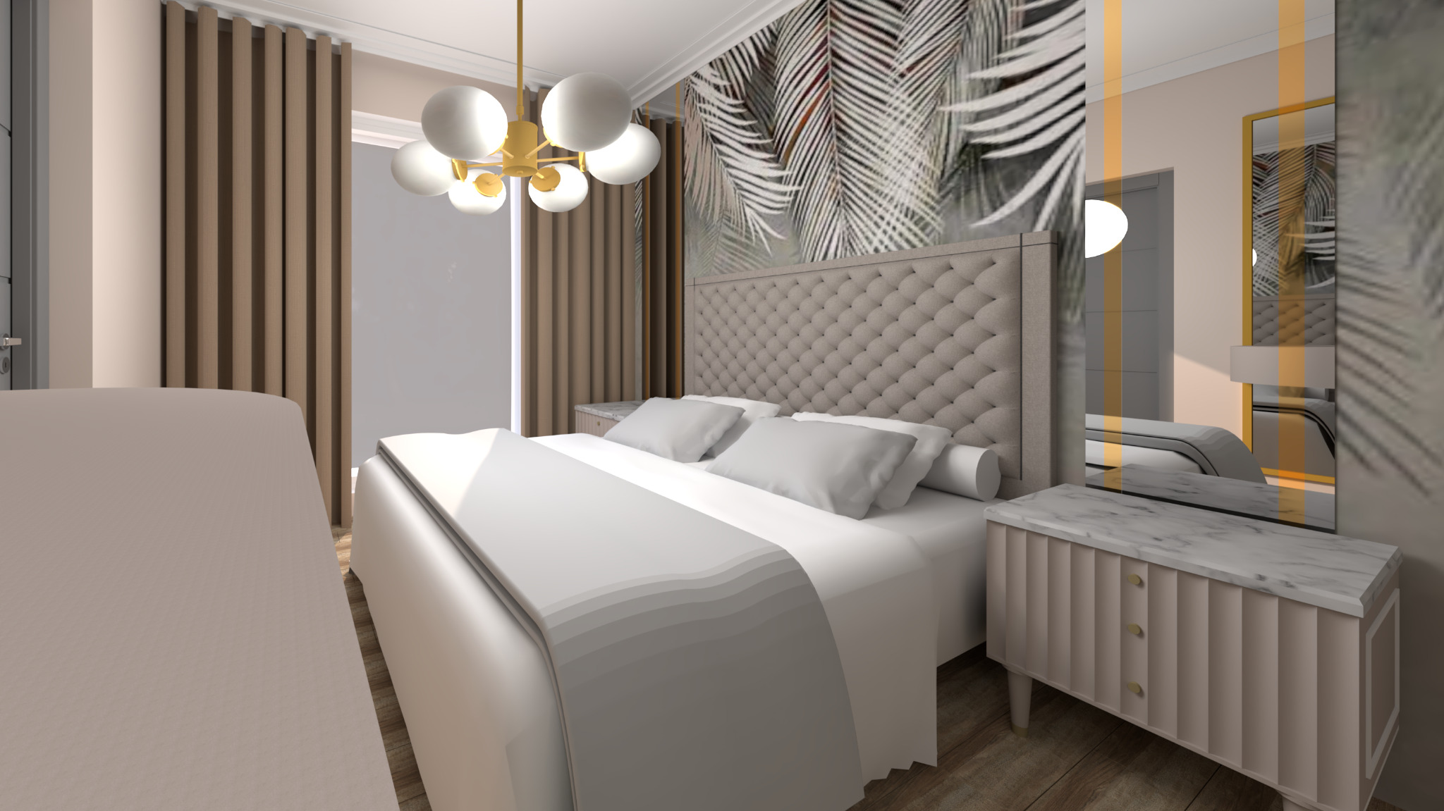 Nowoczesna sypialnia z tapetą w motywie liści palmowych, pikowanym zagłówkiem łóżka, lampą sufitową z kulistymi kloszami i szafką nocną z marmurowym blatem.