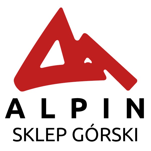 Logo firmy Alpin Sklep Górski z czerwonym symbolem góry nad czarnym napisem.