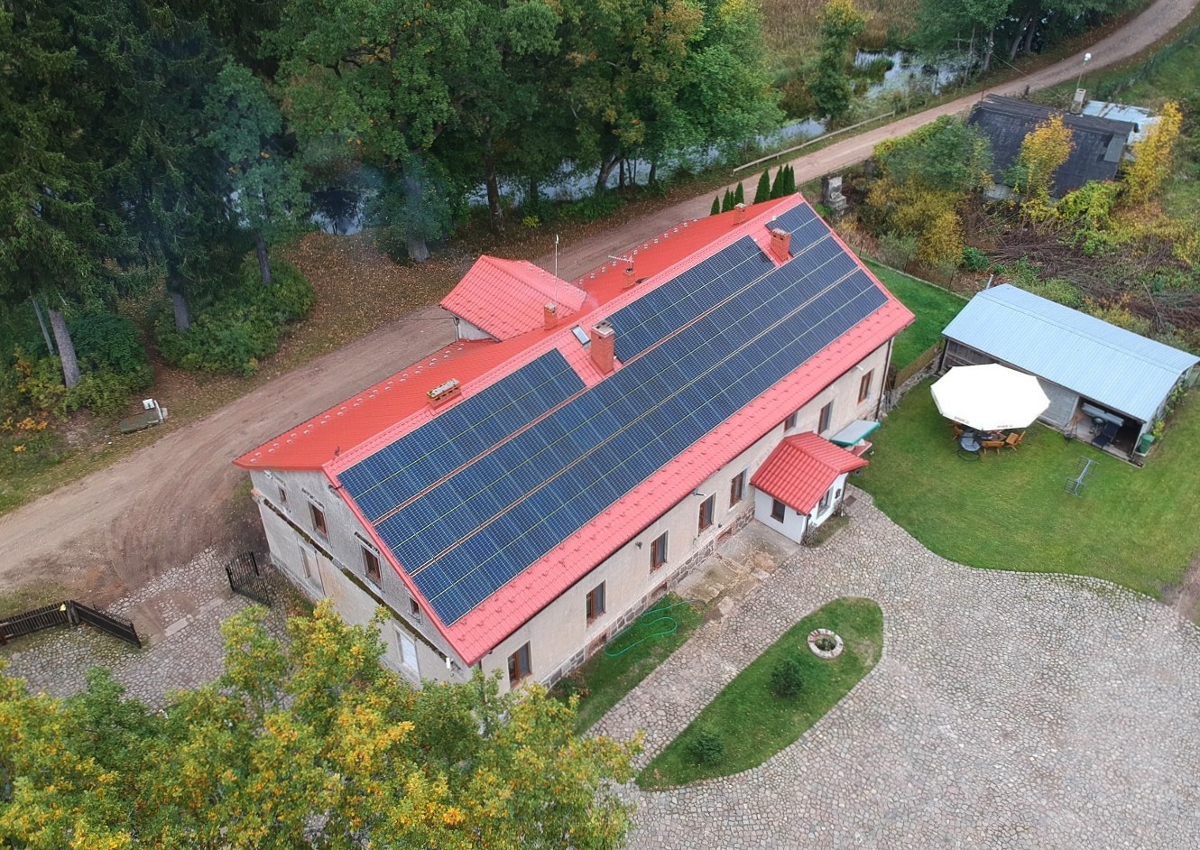 Widok z lotu ptaka na duży budynek z czerwonym dachem pokrytym panelami słonecznymi, otoczony zielenią i drzewami, w tle widoczny staw.