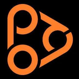 Abstrakcyjne pomarańczowe logo na czarnym tle, składające się z połączonych okręgów i trójkątnych elementów.