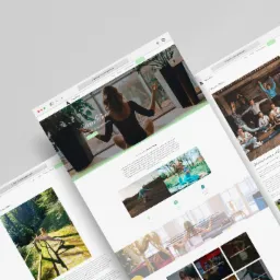 Wiele ekranów laptopów wyświetlających stronę internetową o tematyce jogi, z różnymi sekcjami prezentującymi zdjęcia i opisy zajęć oraz instruktorów.