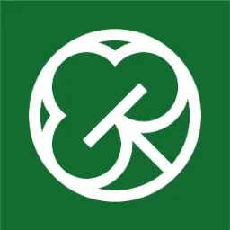 Białe logo w kształcie stylizowanego liścia na zielonym kwadracie.