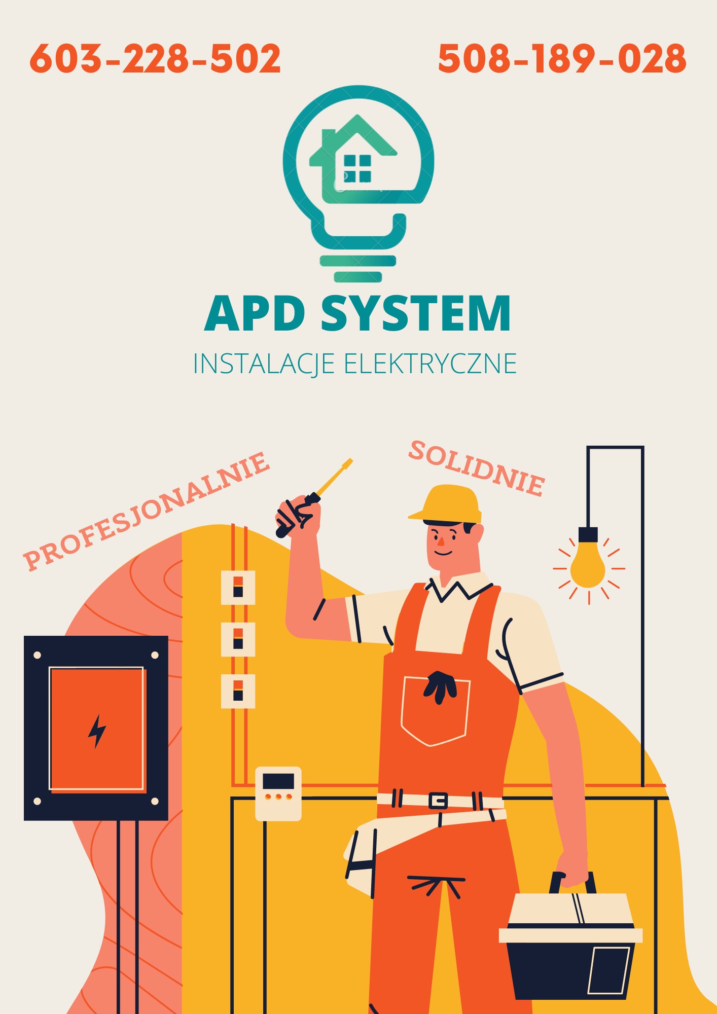Ilustracja reklamowa firmy APD System, prezentująca schematycznego elektryka w pomarańczowym kombinezonie, trzymającego śrubokręt, obok skrzynki elektrycznej, z hasłami 'Profesjonalnie'...
