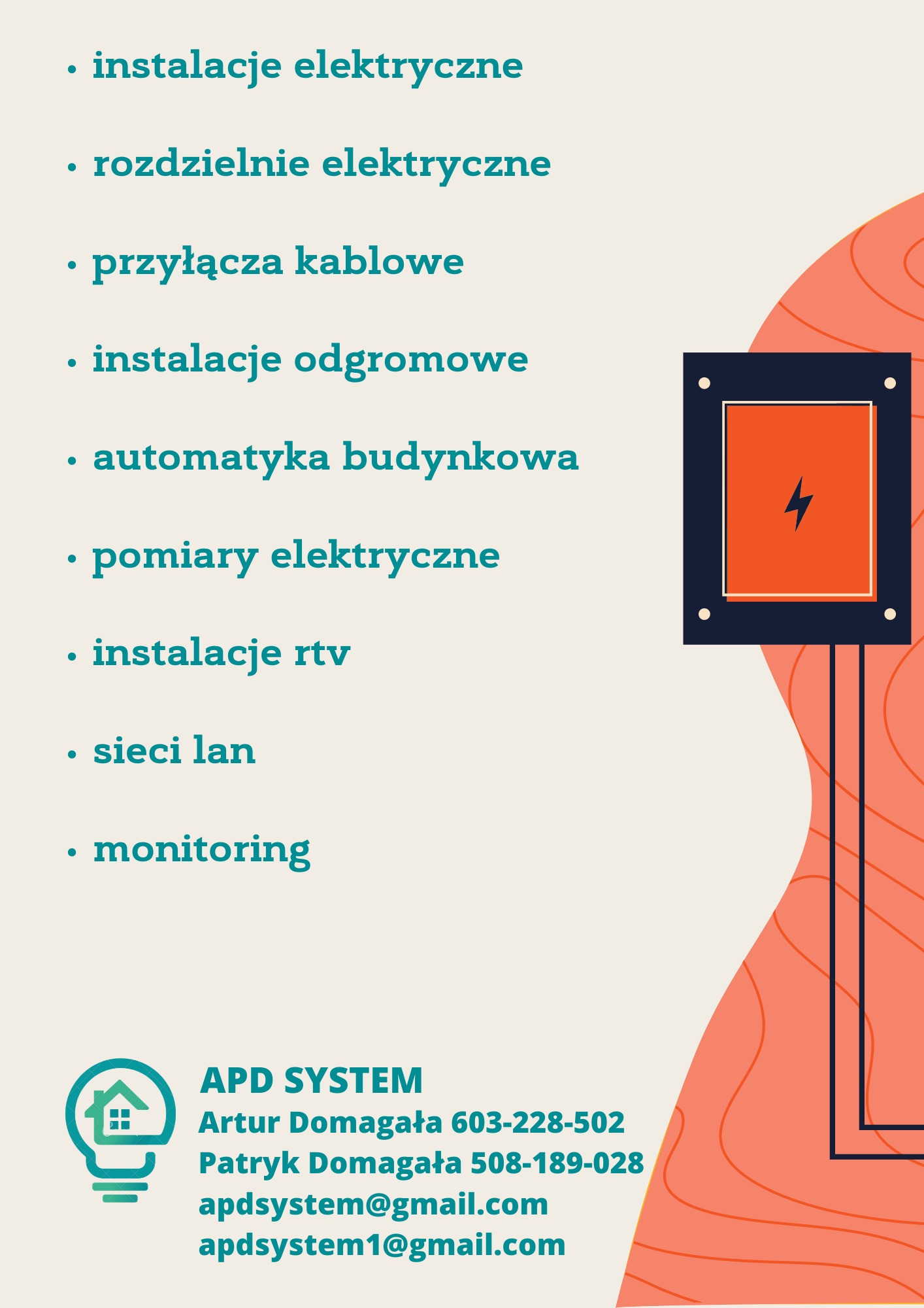Grafika reklamowa firmy elektrycznej z listą usług i schematycznym rysunkiem rozdzielnicy elektrycznej z symbolem błyskawicy.