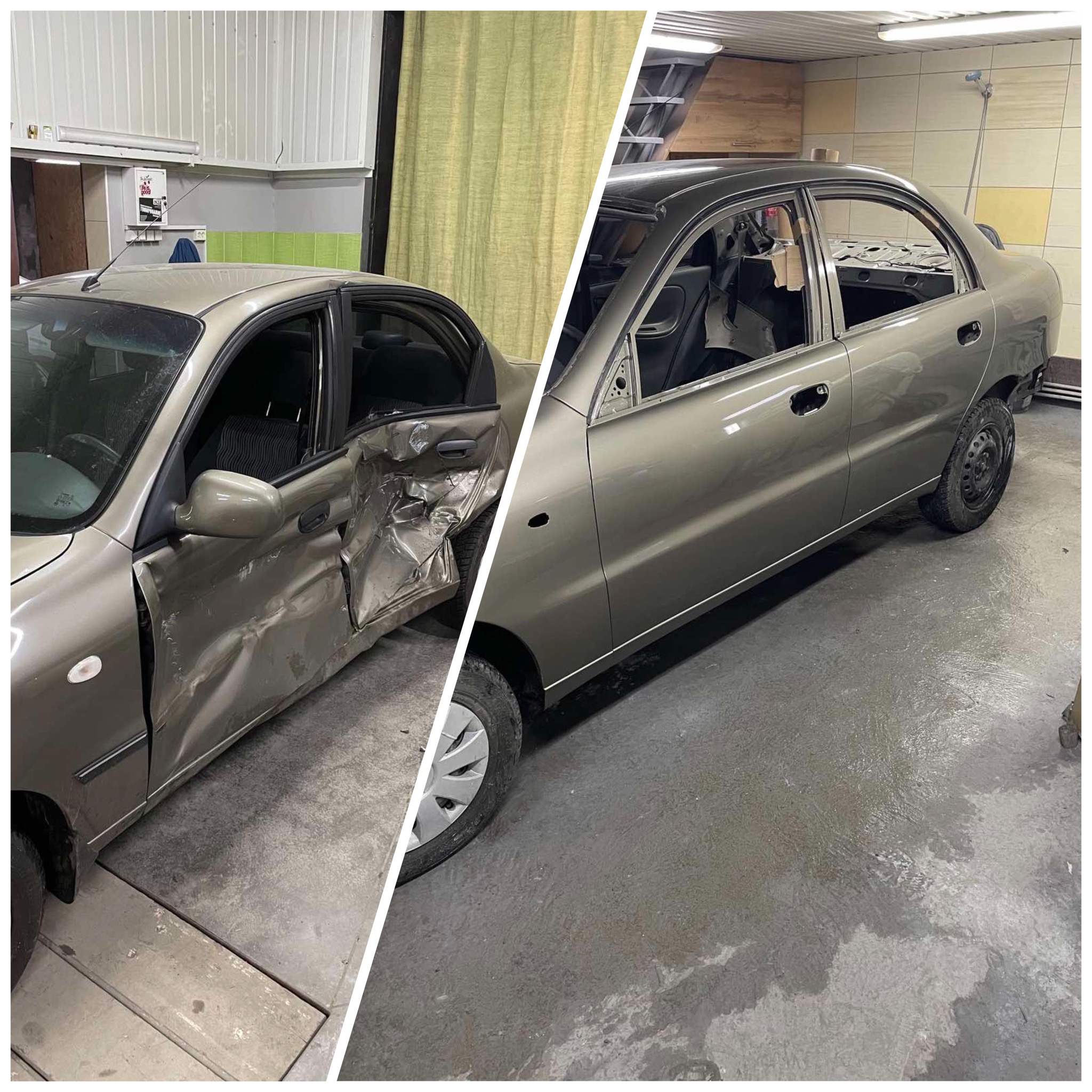 Porównanie stanu samochodu przed i po naprawie: widoczne wgniecenia na drzwiach po lewej stronie oraz odnowiony, gładki lakier po prawej stronie.