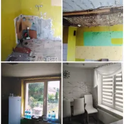 Kolaż zdjęć z remontu mieszkania: zniszczona kuchnia przed remontem z żółtymi ścianami i odpadającym tynkiem, uszkodzony sufit z odsłoniętymi belkami, okno z widokiem na ogród oraz odnowiona...