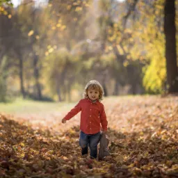 Chłopiec w czerwonej koszuli i jeansach idzie przez park pełen opadłych, brązowych liści, trzymając pluszowego słonia.