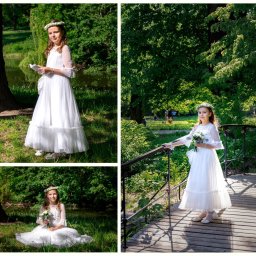 Idealne Foto - Kompozycja trzech ujęć dziewczynki w białej sukience i wianku na głowie, pozującej w plenerze, w otoczeniu zieleni i wody. Ujęcia z różnej perspektywy.