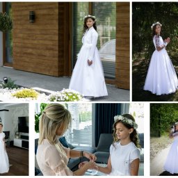 Idealne Foto - Kolaż zdjęć dziewczynki w białej sukience komunijnej, wianek na głowie, różne ujęcia: w plenerze, w domu, podczas przygotowań. Jasne, naturalne światło.