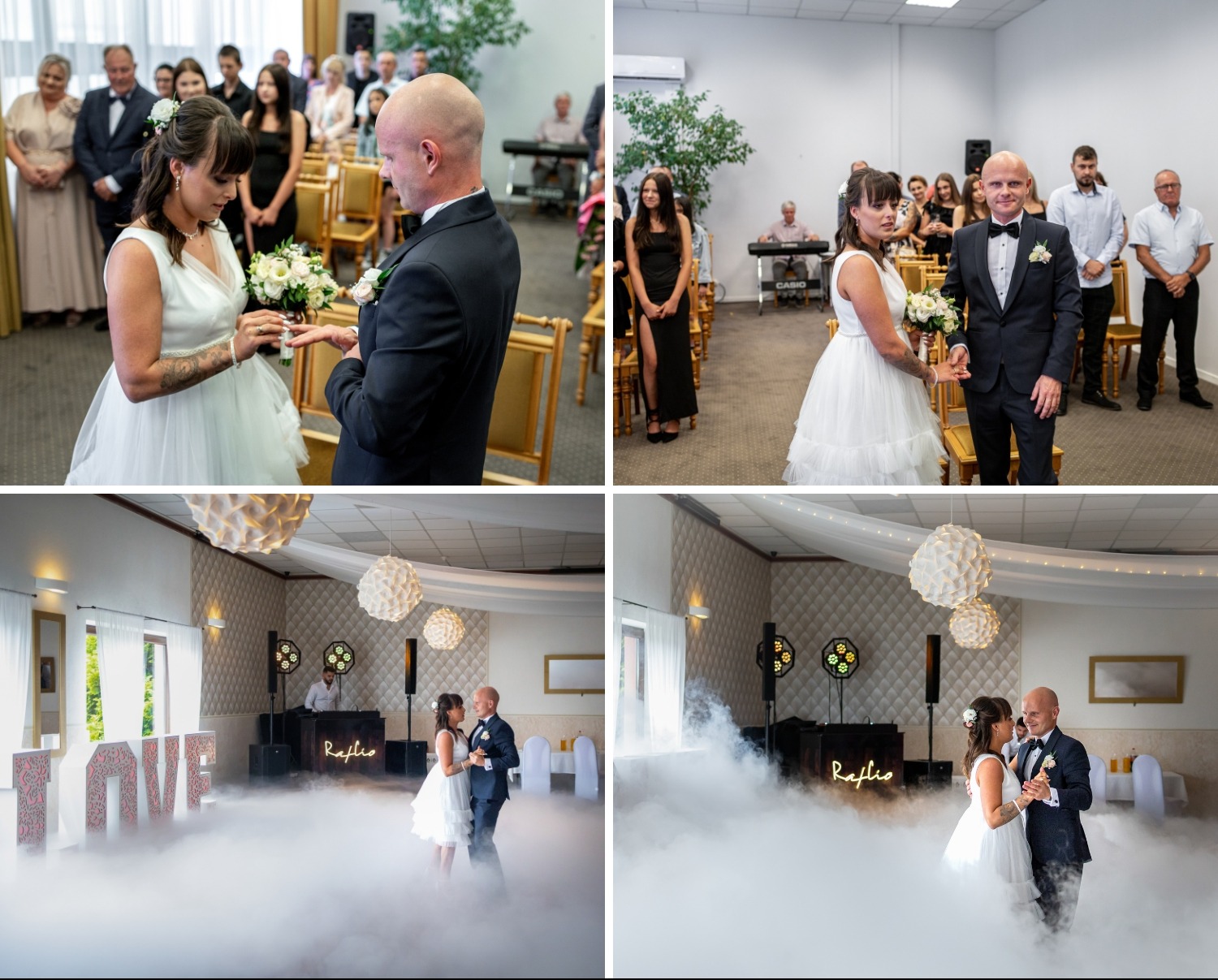 Kolaż: ceremonia ślubna z wymianą obrączek i pierwszy taniec w dymie, para młoda w eleganckich strojach, dekoracje sali z napisem LOVE i oświetleniem.