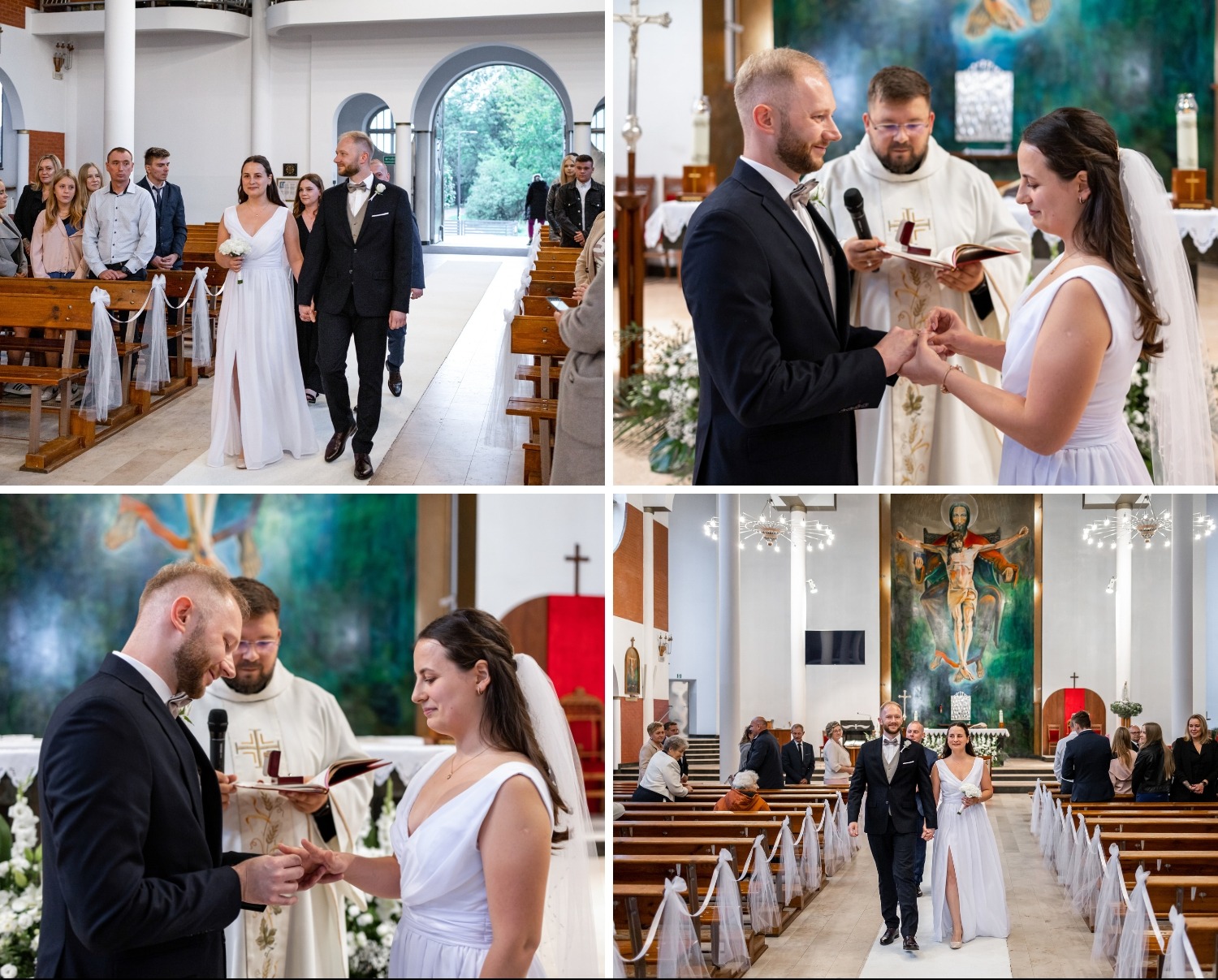 Uroczystość ślubna w kościele w Łodzi: para młoda wymienia obrączki, w tle ksiądz i goście. Ujęcia z różnych perspektyw, jasne wnętrze, dekoracje kwiatowe.