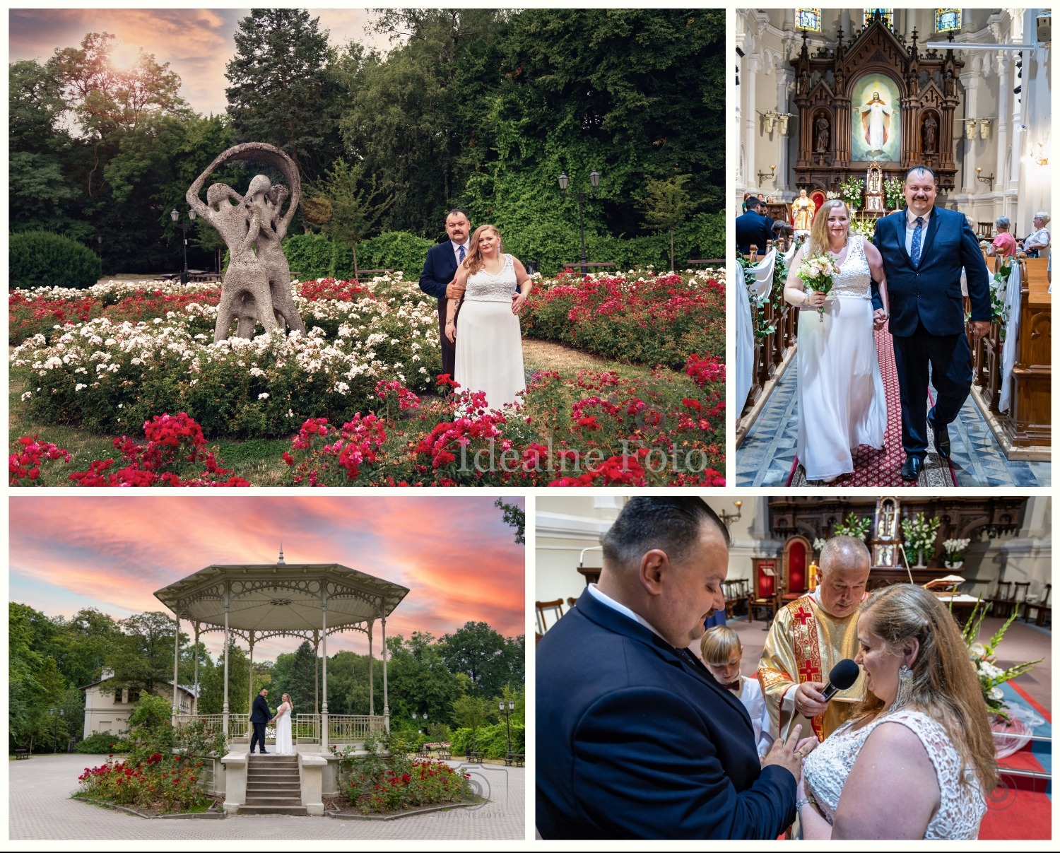 Kolaż z czterech ujęć ślubnych: para w ogrodzie różanym, w kościele, w altanie o zachodzie słońca i podczas ceremonii. Różne scenerie i momenty uroczystości.