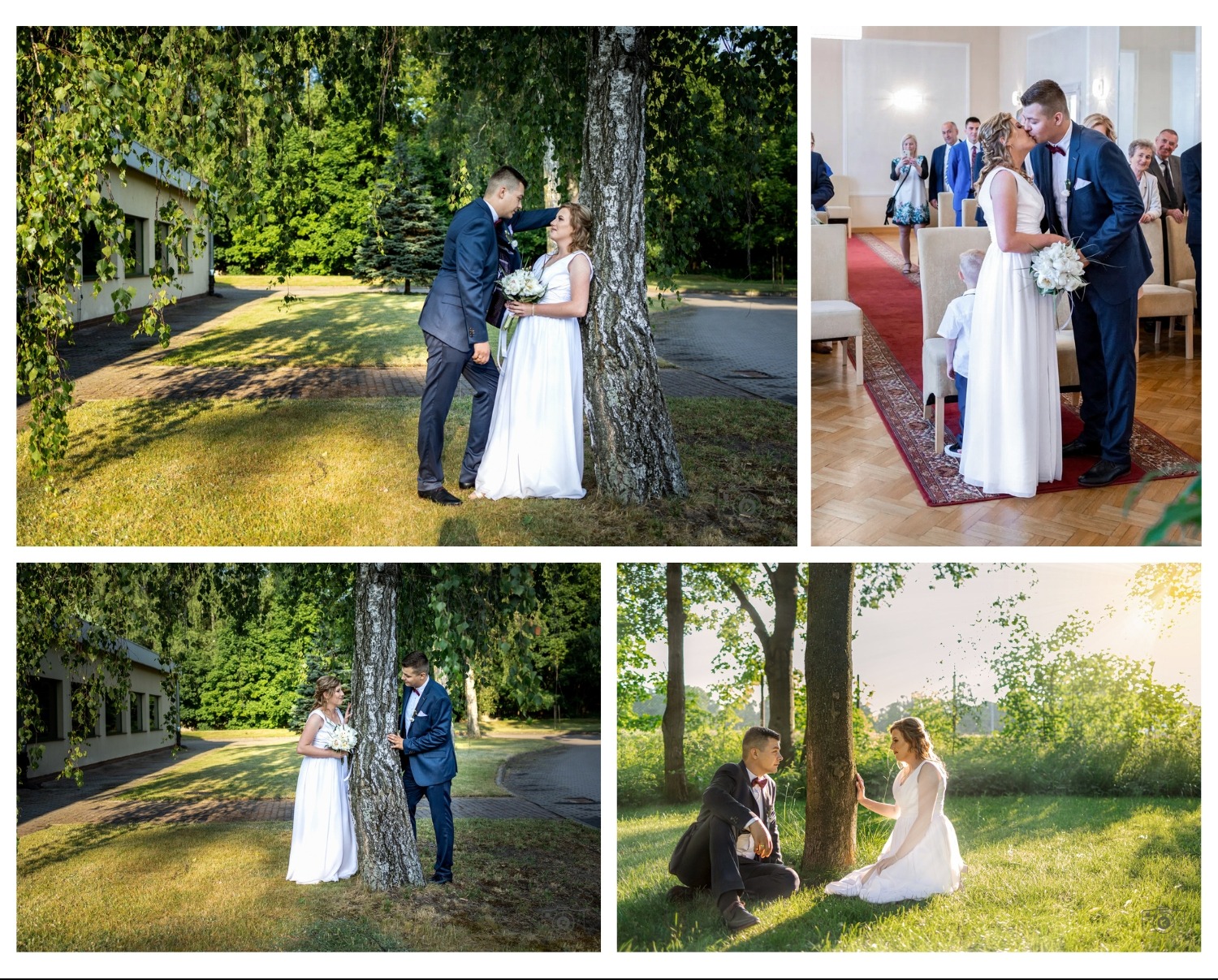 Kolaż z czterech ujęć ślubnych: para przytulona do drzewa w plenerze, pocałunek w urzędzie, sesja w lesie o zachodzie słońca. Różne kadry i scenerie.