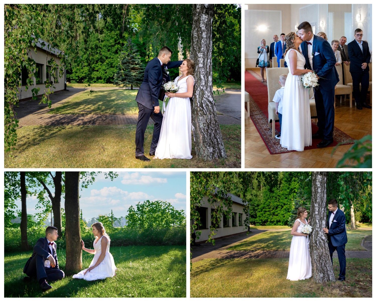 Kolaż z sesji ślubnej: para młoda w plenerze, ona w białej sukni z bukietem, on w granatowym garniturze z muszką, oraz pocałunek w urzędzie stanu cywilnego.