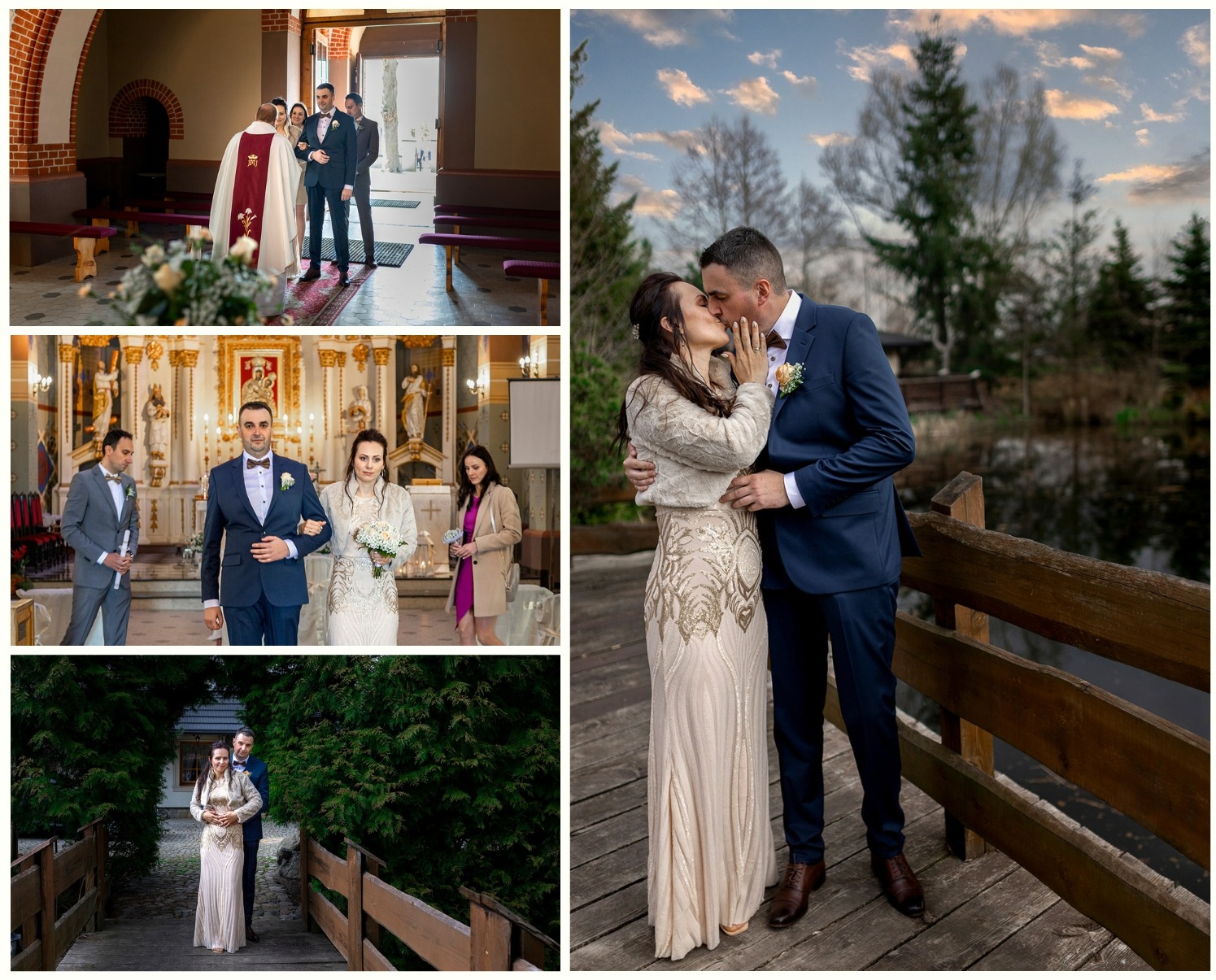 Kolaż z ceremonii ślubnej i pleneru w Łodzi: para młoda w kościele, podczas wyjścia i na drewnianym moście nad wodą, w objęciach.