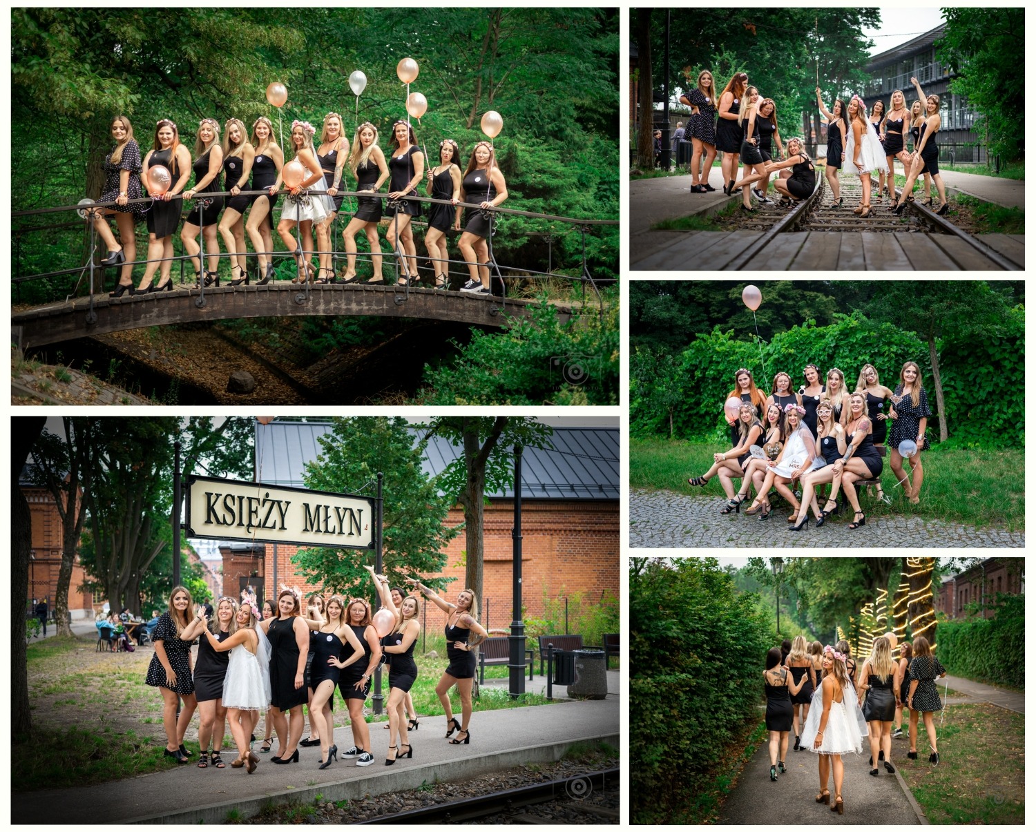 Kolaż z sesji zdjęciowej wieczoru panieńskiego: grupa kobiet w czarnych sukienkach pozuje na moście, torach kolejowych i ławce w otoczeniu zieleni.