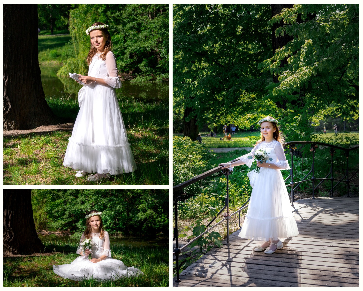 Kompozycja trzech ujęć dziewczynki w białej sukience i wianku na głowie, pozującej w plenerze, w otoczeniu zieleni i wody. Ujęcia z różnej perspektywy.