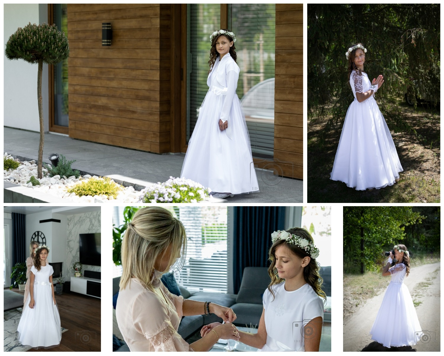 Kolaż zdjęć dziewczynki w białej sukience komunijnej, wianek na głowie, różne ujęcia: w plenerze, w domu, podczas przygotowań. Jasne, naturalne światło.