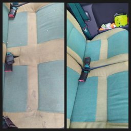 Pod Ciśnieniem - Porównanie fotela samochodowego przed i po czyszczeniu: po lewej stronie widoczne zabrudzenia i plamy, po prawej czysty, odświeżony materiał w odcieniach zieleni i beżu. Różnica w kolorze...