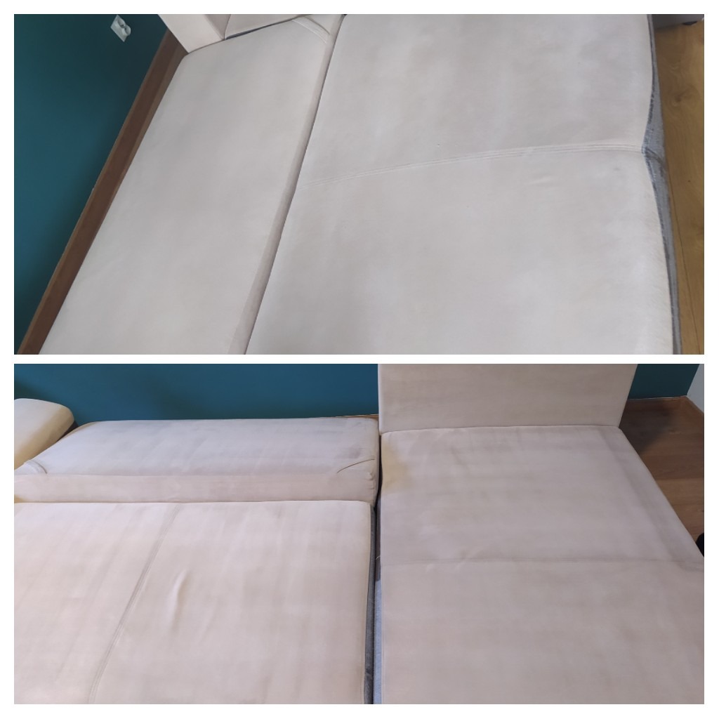 Dwa ujęcia rozłożonej, beżowej kanapy przed i po czyszczeniu, widoczne różnice w odcieniu i fakturze materiału.