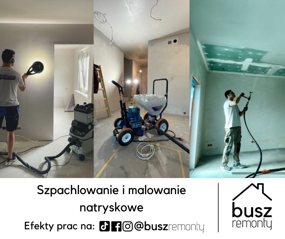 Prace wykończeniowe wnętrz: szlifowanie ściany szlifierką z odsysaniem pyłu, agregat do natryskowego nakładania gładzi oraz malowanie natryskowe sufitu z płyt gipsowo-kartonowych.