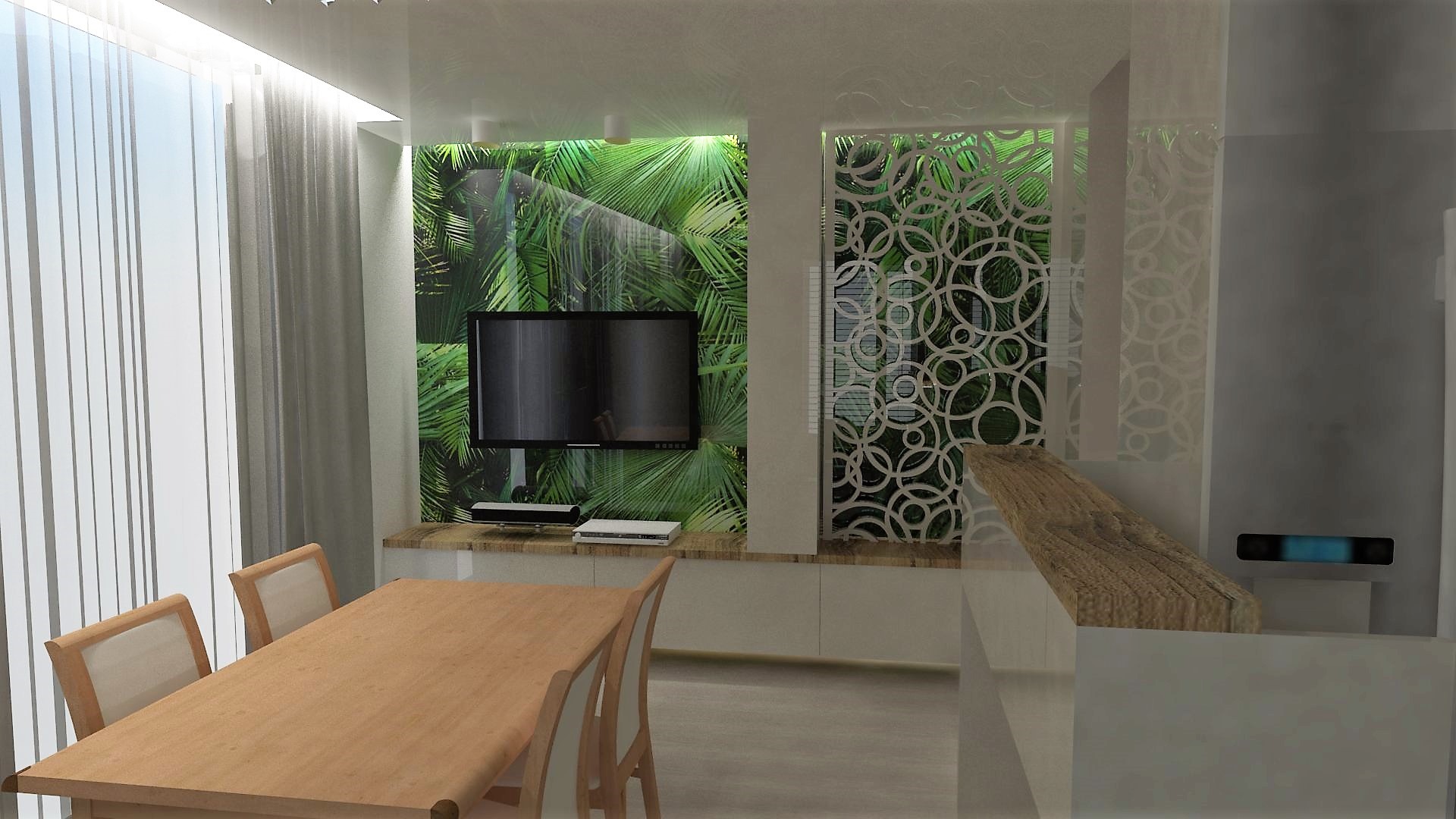 Wizualizacja wnętrza jadalni z motywem tropikalnym: drewniany stół z krzesłami, ściana z telewizorem na tle tapety z liśćmi palm, dekoracyjna ścianka działowa z ażurowym wzorem.