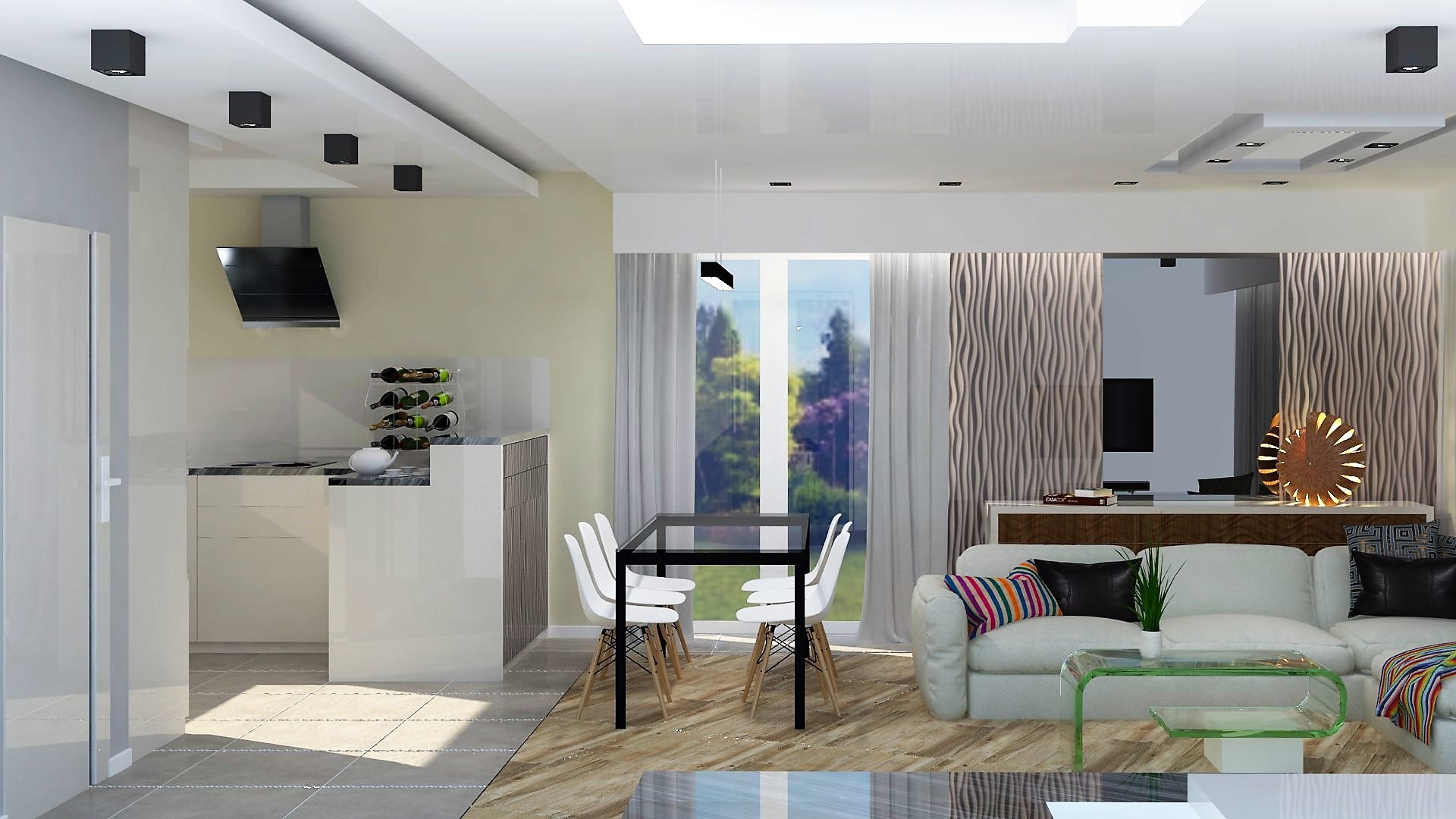 Wnętrze jasnego pokoju dziennego z aneksem kuchennym, minimalistyczny stół z krzesłami, biała sofa z kolorowymi poduszkami, szklany stolik kawowy oraz dekoracyjne zasłony.