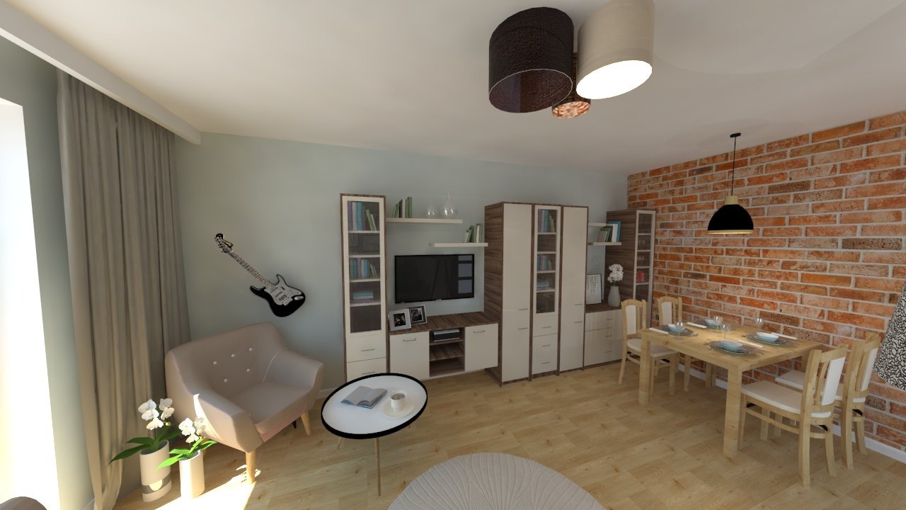 Wizualizacja wnętrza mieszkania z ceglaną ścianą, stołem jadalnym i krzesłami, meblami RTV, dekoracyjną gitarą na ścianie i oryginalnym oświetleniem sufitowym.