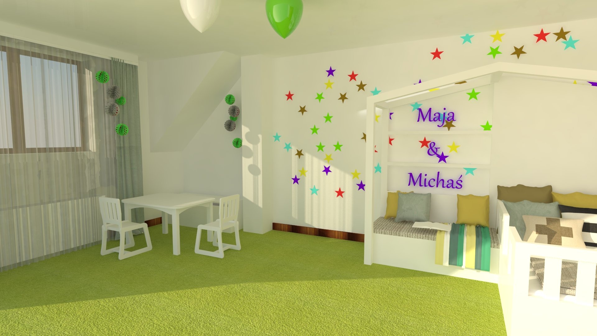 Wizualizacja pokoju dziecięcego z białym biurkiem, krzesłami, łóżkiem w kształcie domku, ścianą ozdobioną kolorowymi gwiazdkami oraz imionami Maja i Michał, z zielonym dywanem i dekoracjami...