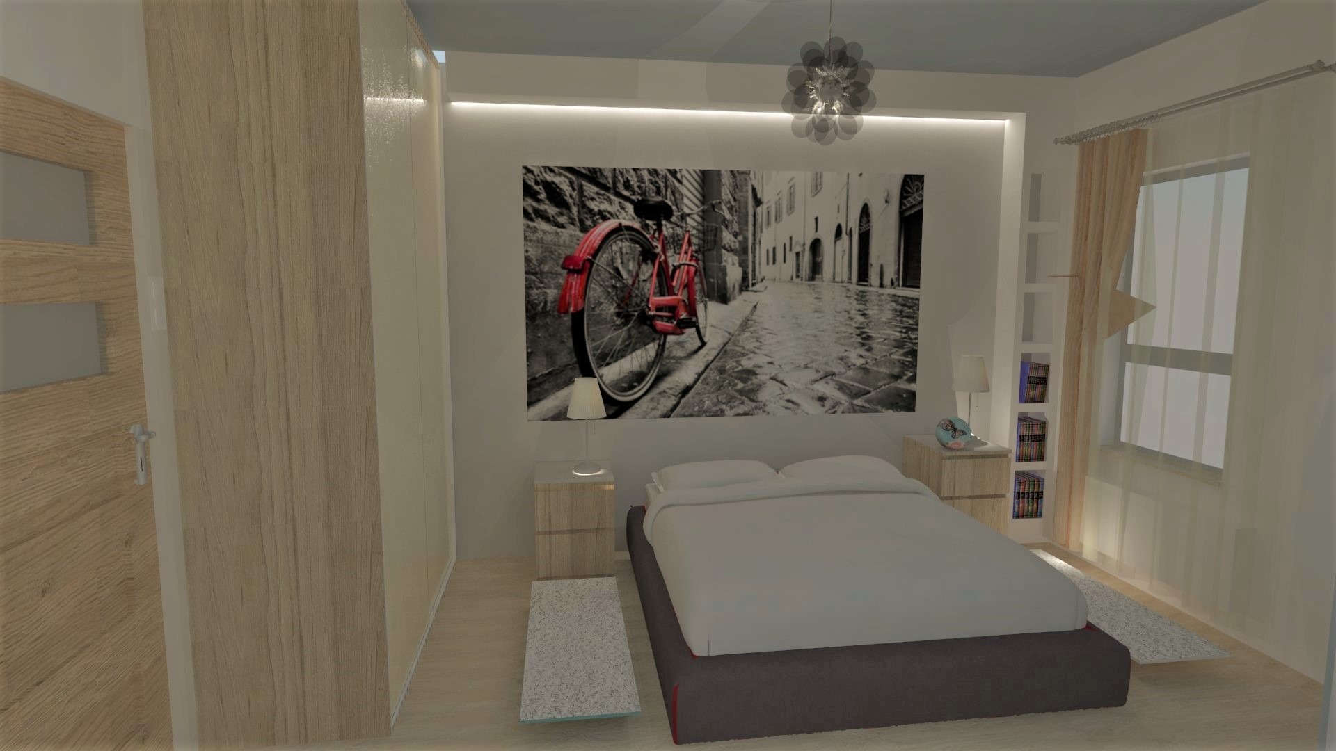 Wizualizacja sypialni z łóżkiem, szafkami nocnymi i dużą grafiką z motywem roweru na ścianie, oświetlenie LED podsufitowe i lampka nocna na stoliku.
