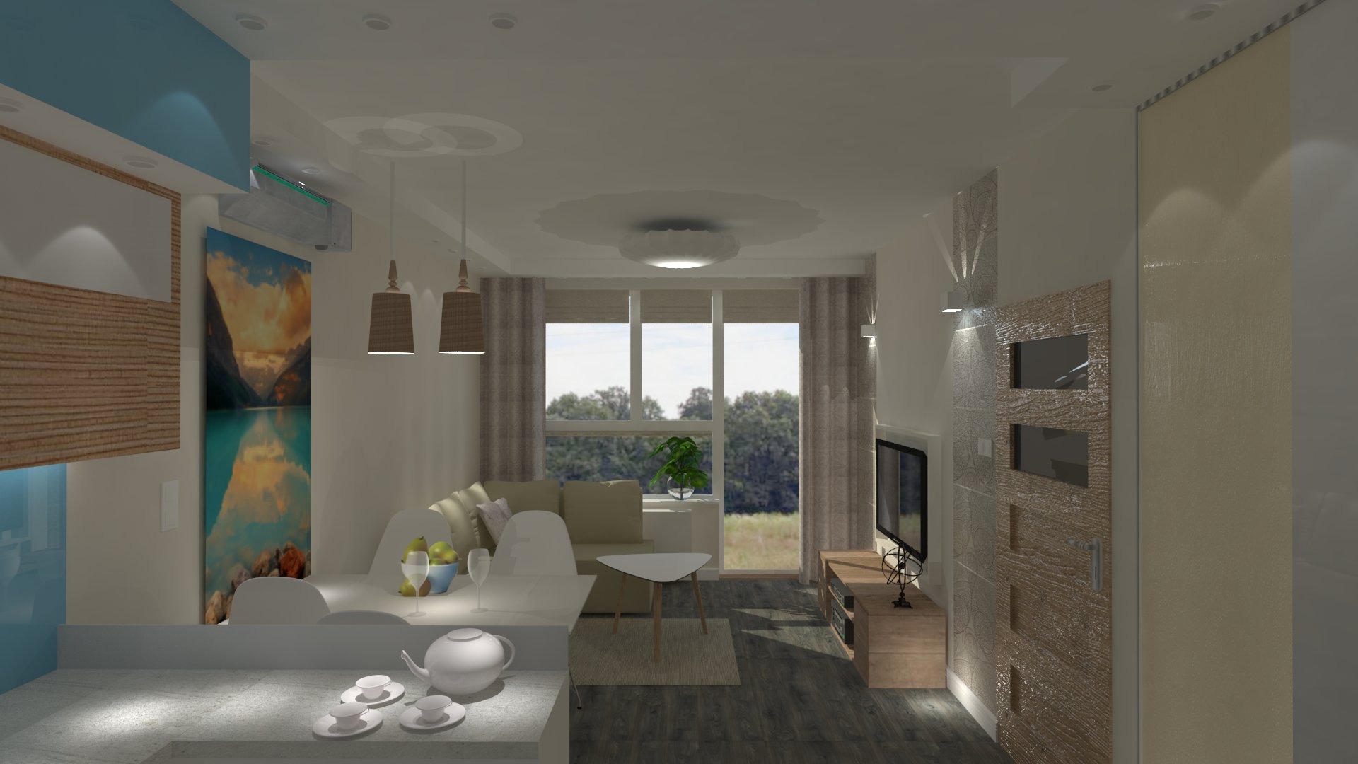Wizualizacja salonu z aneksem kuchennym, widok na okno z rośliną, stół z czajnikiem i filiżankami, obraz na ścianie i dekoracyjna ściana z telewizorem.