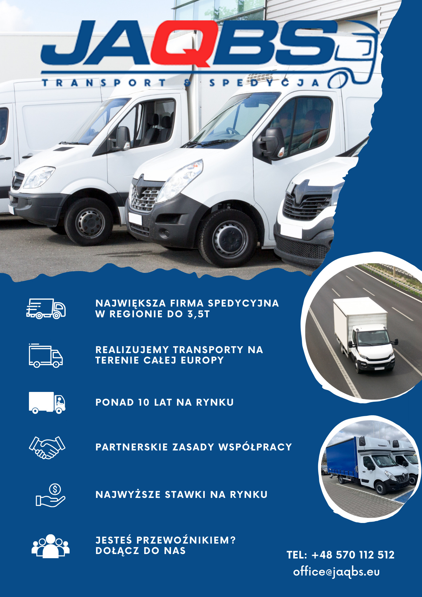 Flota białych busów transportowych firmy JAQBS z widocznym logo, na tle niebieskiego tła z informacjami o firmie.