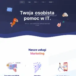 Strona internetowa firmy ONX z nagłówkiem 'Twoja osobista pomoc w IT' oraz sekcją 'Nasze usługi Marketing' prezentującą grafiki ilustrujące tworzenie stron WWW i marketing.