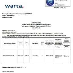 Skan zaświadczenia o odbyciu szkolenia zawodowego w 2022 roku, wystawionego przez Towarzystwo Ubezpieczeń i Reasekuracji WARTA S.A. dla Anny Kalety, z tematyką ubezpieczeń dla domu...