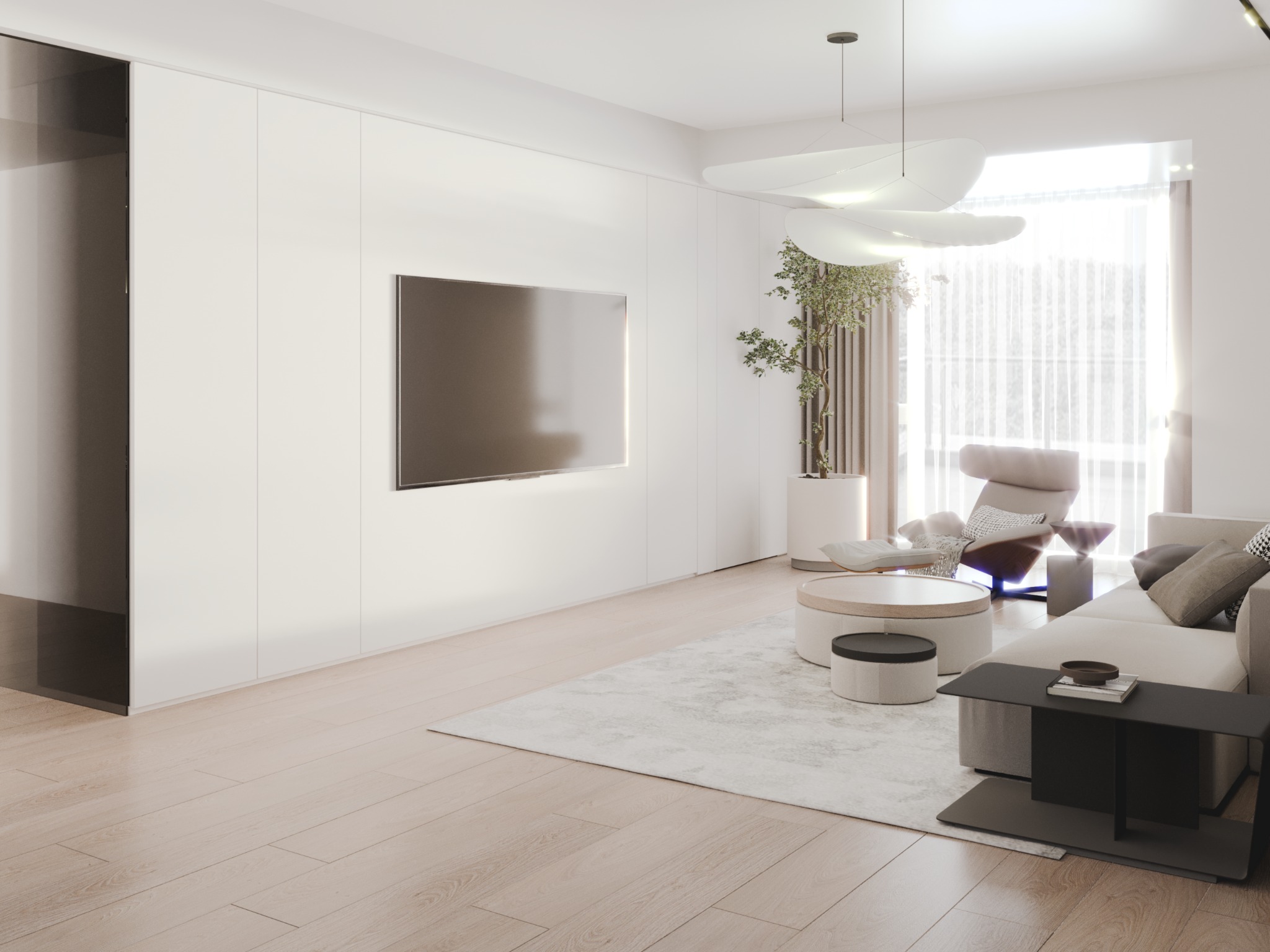 Jasny salon w minimalistycznym stylu z drewnianą podłogą, białymi ścianami, dużym telewizorem, nowoczesną lampą wiszącą w kształcie chmur, kremową sofą z poduszkami, okrągłymi stolikami kawowymi...