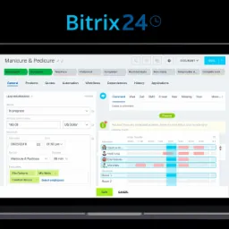 Ekran laptopa prezentujący interfejs programu Bitrix24 z otwartym formularzem CRM dla usługi 'Manicure & Pedicure', widoczne opcje statusu, daty, czasu, ceny oraz przypisania pracownik&oacute;w do zadania.