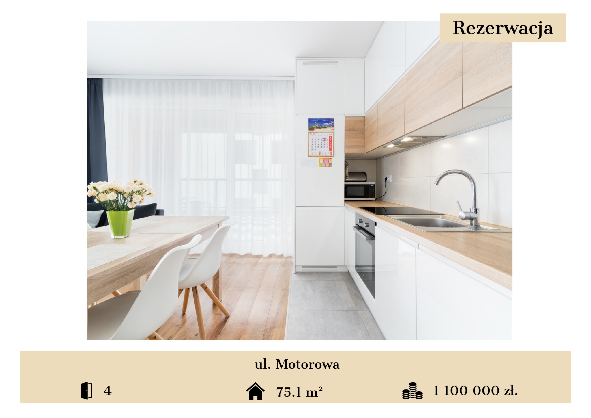 Jasne, nowoczesne wnętrze mieszkania z aneksem kuchennym i stołem jadalnym, na ścianie kalendarz, na szafkach kuchennych napis 'Rezerwacja'.