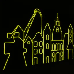 Żółty neon LED przedstawiający stylizowany zarys budynków i żurawia portowego na czarnym tle.