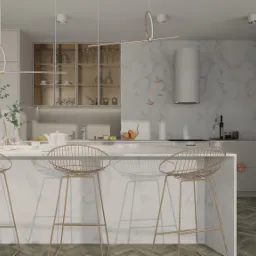Wizualizacja nowoczesnej kuchni z marmurowym blatem wyspy, złotymi hokerami i minimalistycznym oświetleniem, z akcentami roślinnymi w szklanych wazonach i dekoracyjnymi ptakami na marmurowej ścianie.