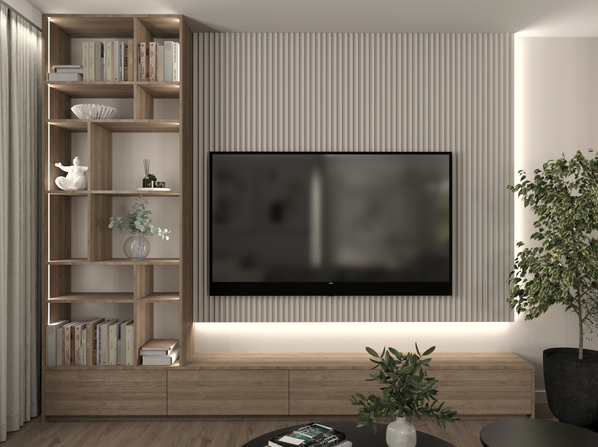 Stylowa aranżacja salonu z drewnianą zabudową, podświetlaną ścianą z lamelami i telewizorem. Na półkach książki i dekoracje. W tle roślina doniczkowa.