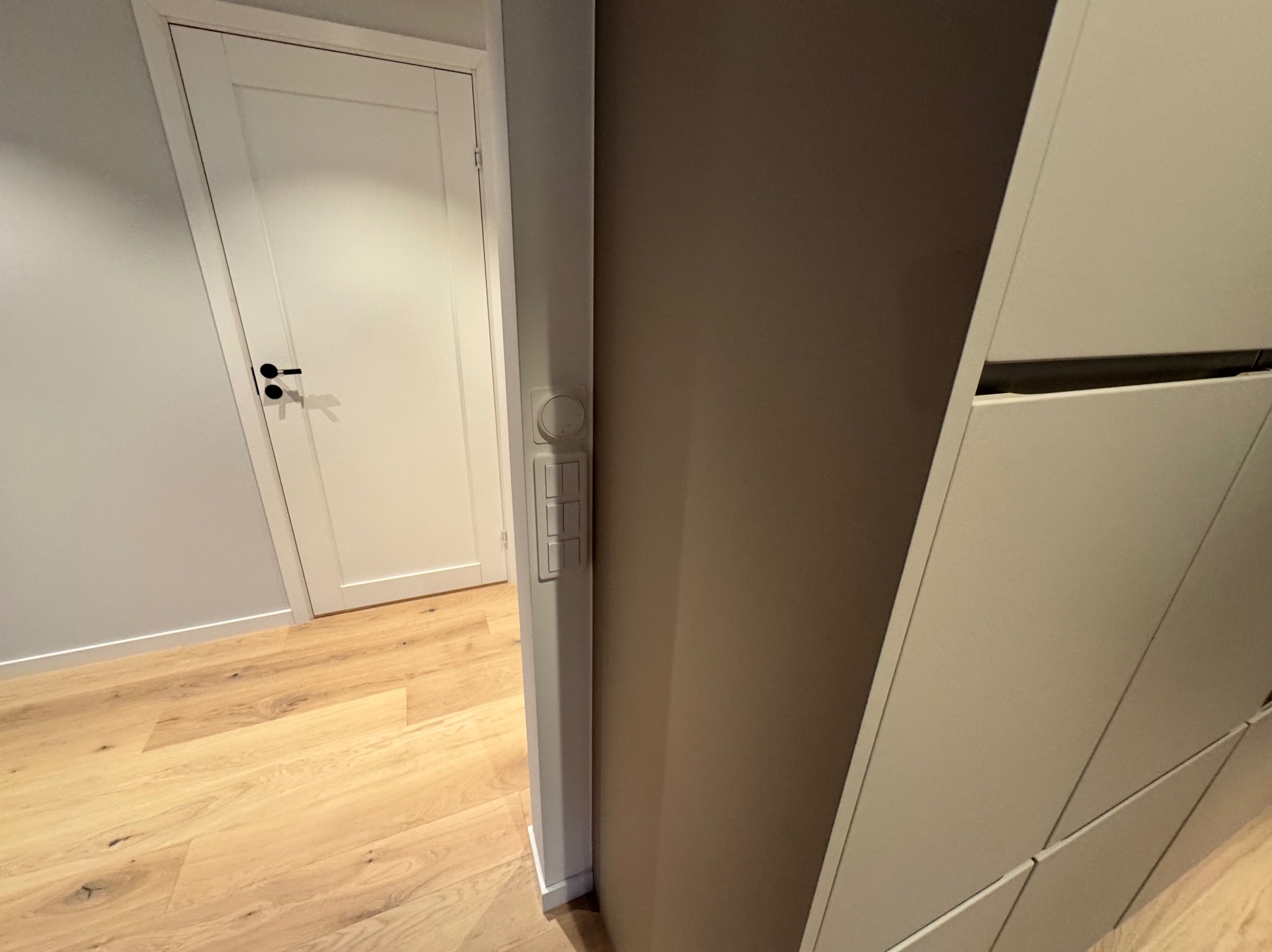 Fragment korytarza z drewnianą podłogą, białą ścianą z drzwiami z czarną klamką i zabudową meblową w kolorze taupe.
