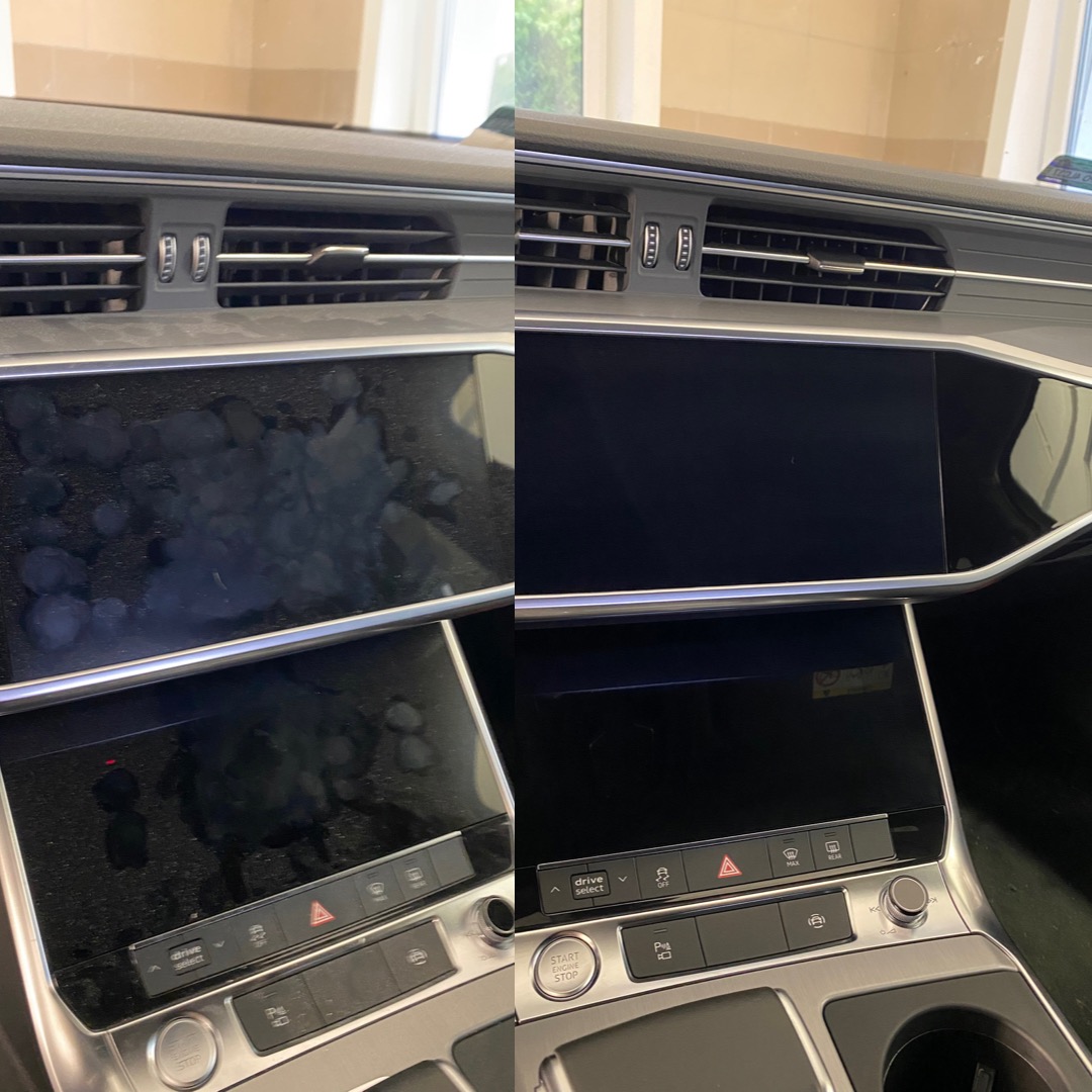 Porównanie: panel sterowania samochodu Audi przed i po czyszczeniu, widoczne różnice w czystości ekranu dotykowego i przycisków.