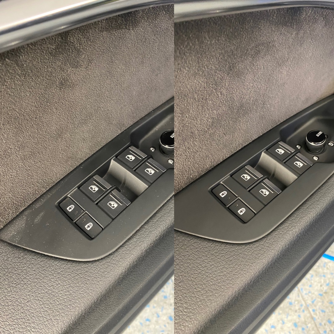 Porównanie: panel sterowania szybami w drzwiach samochodu przed i po czyszczeniu. Widoczne różnice w czystości powierzchni i detali.