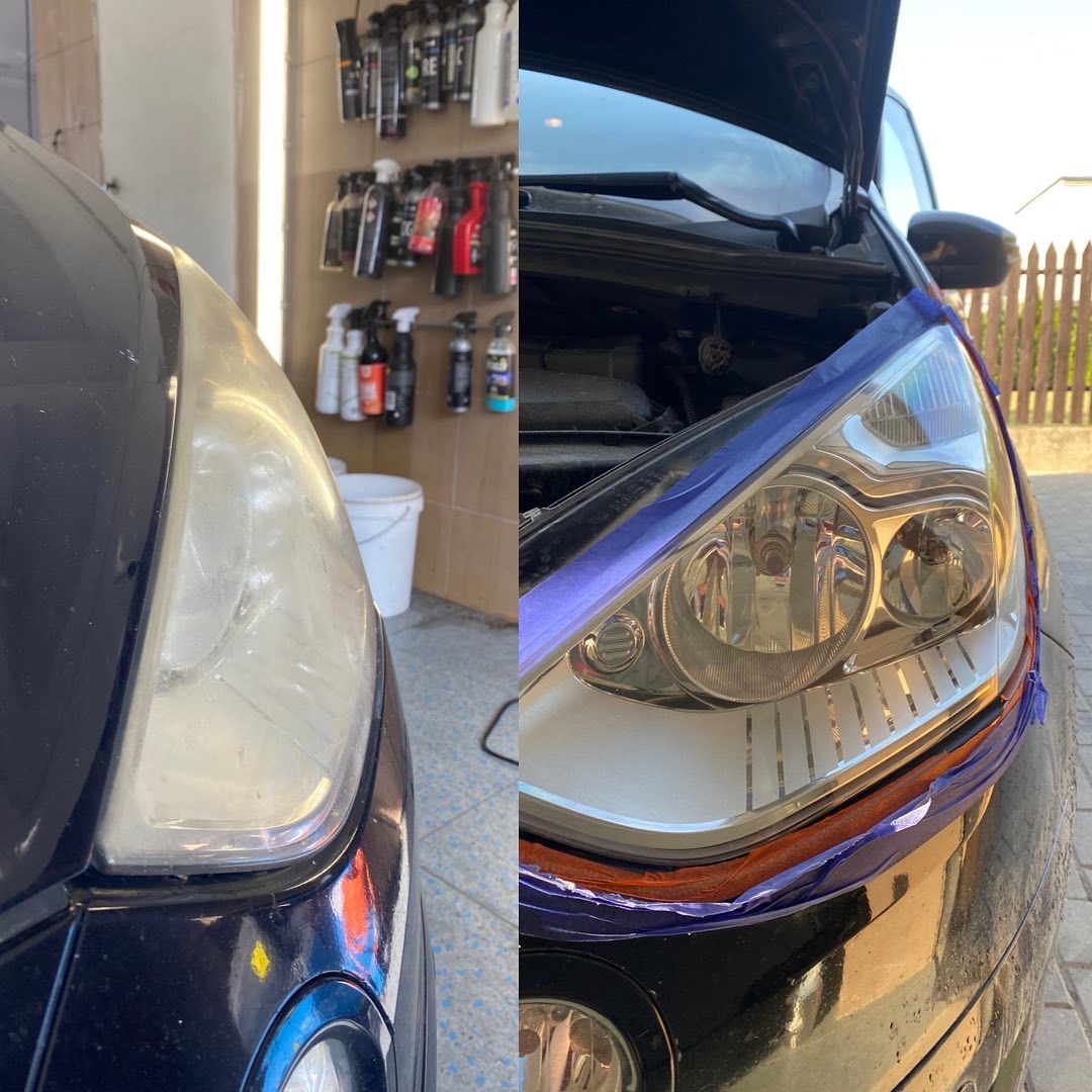 Reflektor samochodowy przed i po renowacji, widoczne różnice w przejrzystości, z użyciem taśmy maskującej.