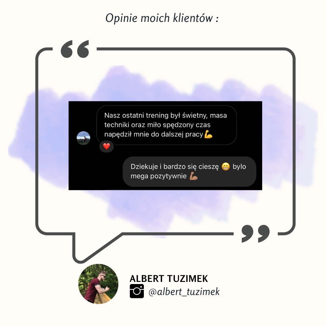 Grafika prezentująca pozytywne opinie klientów, w formie zrzutów ekranu z wiadomości tekstowych, oprawiona w dekoracyjny szablon z cudzysłowami i zdjęciem profilowym Alberta Tuzimka z Instagrama.