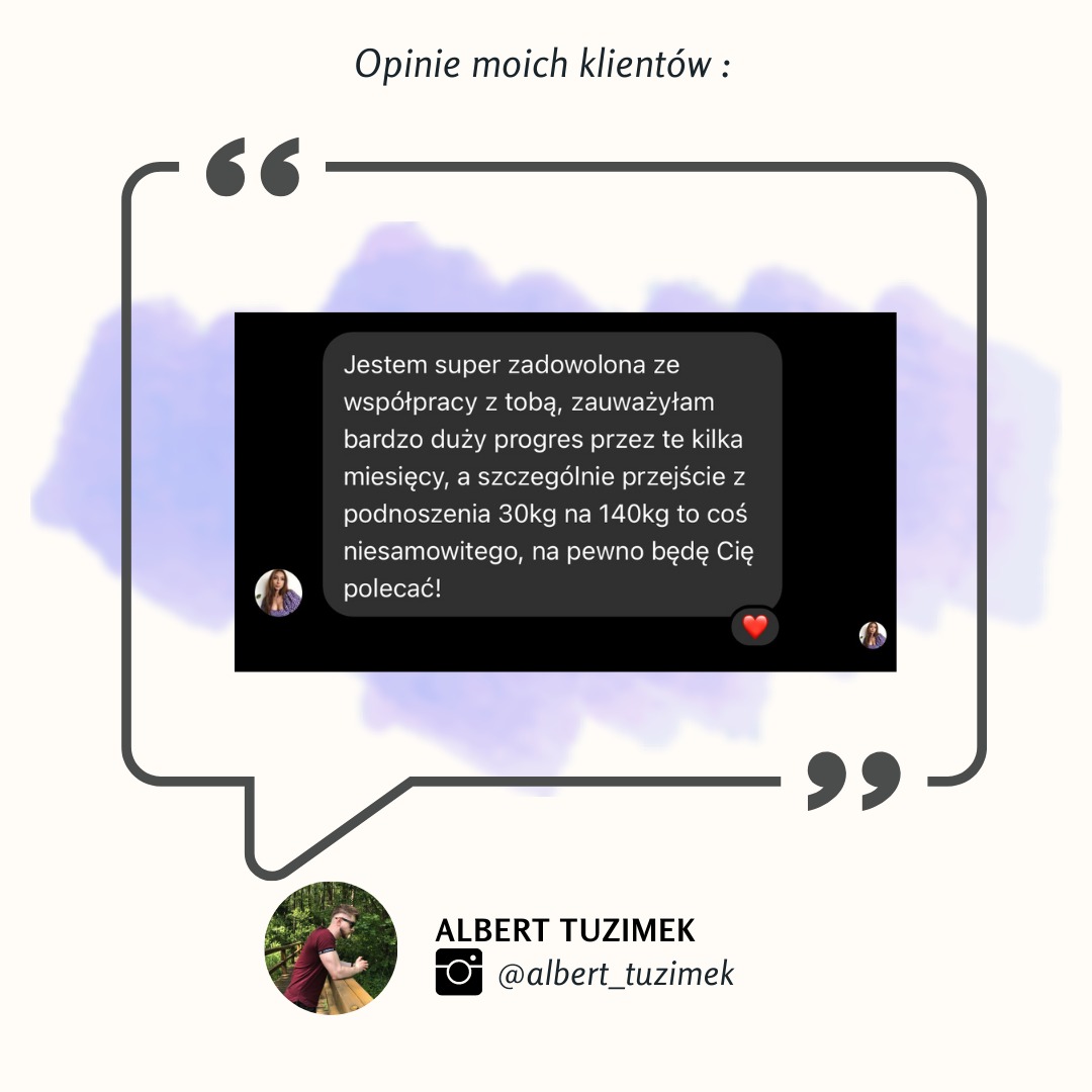 Grafika z opinią klientki o współpracy, która zauważyła duży progres, zwłaszcza w podnoszeniu ciężarów z 30kg na 140kg, z imieniem i nazwiskiem oraz zdjęciem profilowym trenera.